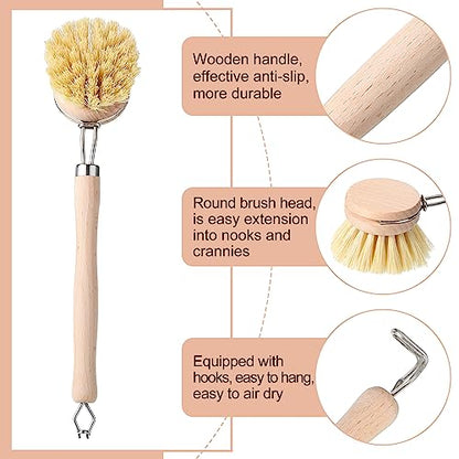 Maxdot 4 Pcs Kitchen Dish Brush with Beechwood Handle Natural Wooden Handle Scrub Brush Fiber Bristles Dish Scrub 2 Inch Replacement Brush Head for Pots Pans Utensils Washing Supplies