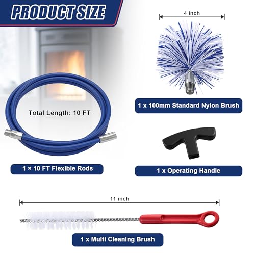 Dreyoo Pellet Stove Cleaning Brush Kit, 10 FT Flexible Steel Rod with 4" Brush Head, T Handle, Multi Purpose Flue Detail Cleaner, Nylon Stove Flue Pipe Kit for Pellet Furnace Exhaust Pipes - size: 10FT with 4" Brush Head