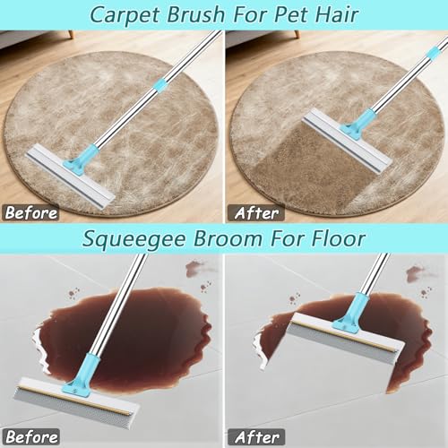 Hotsky Carpet Rake for Pet Hair Removal,3 in 1 Reusable Silicone Carpet Broom,54 inch Adjustable Cat Dog Hair Remover Tool with Lint Scraper and Patented Design for Rugs,Mats,Sofas,Floors