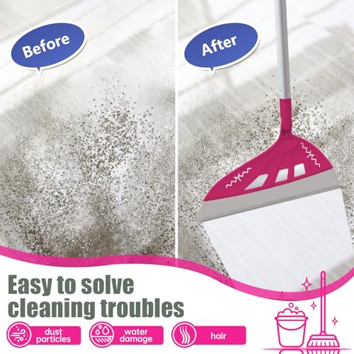Magic Broom Household Silicone Broom, Multifunction Floor Squeegee with 2 Heads - Brush and Scrape, Magic Broom Sweeper with Extra-Long Adjustable Aluminum Handle for Floor, Glass, Tile (Bright Pink)