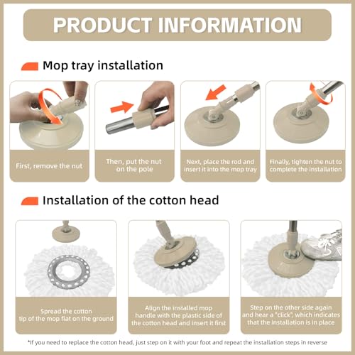 Spin Mop Replacement Handle, 47.6-inch 360 Degrees Rotating Telescopic Replacement Mop Stick with Robust Reinforced Plastic Disc for Spin Mop Bucket Cleaning System (Plastic Disc,Khaki) - color: Khaki, style: Plastic Disc