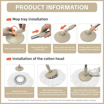 Spin Mop Replacement Handle, 47.6-inch 360 Degrees Rotating Telescopic Replacement Mop Stick with Robust Reinforced Plastic Disc for Spin Mop Bucket Cleaning System (Plastic Disc,Khaki) - color: Khaki, style: Plastic Disc