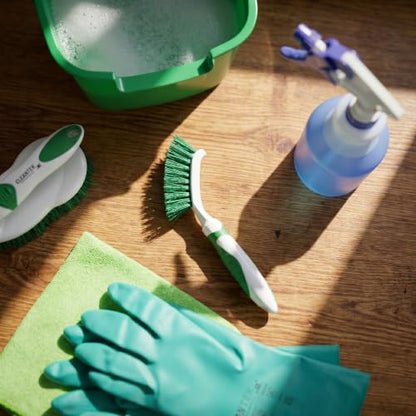Restaurantware Grout Brush 1 Pack of 9 Tile Scrubbing Brush Stiff Bristle Ergonomic Handle Angled Head Narrow Design Green and White Plastic Cleaning Tool
