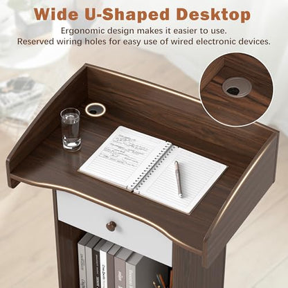 Podium Stand with Metal Wheels Wooden Lectern Podium Stand Portable Pulpit Standing with Storage Mobile Reception Podiums for Church Office School Conference Restaurant Meeting,Brown+Black - color: Brown& White