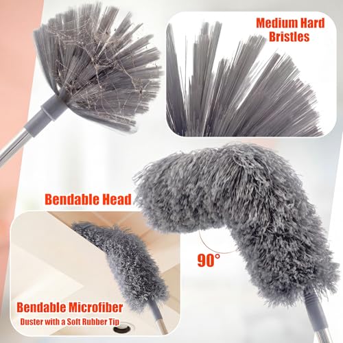 30 Feet High Reach Duster Kit with 2-24 ft Extension Pole High Ceiling Dusting and Window Cleaning Kit with Window Washer & Squeegee, Cobweb Duster, Washable Head for Ceiling Fan(Gray) - color: Gray, size: 30 ft
