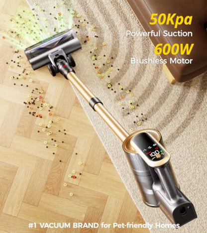 RENDOW Cordless Vacuum Cleaner, 600W 50Kpa 65Mins Vacuum Cleaners for Home, Self-Standing Cordless Stick Vacuum with LED Display,Anti-Tangle Rechargeable Wireless Vacuum for Pet Hair/Carpet/Hard Floor