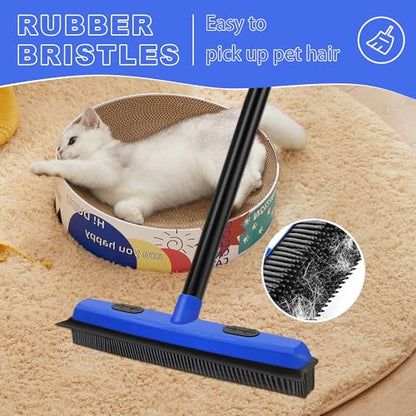 Rubber Broom Carpet Brush with Squeegee, Pet Hair Remover with 52.8 inches Long Handle, Detailing Lint Fur Removal Tool, Silicone Rug Rake for Cleaning Hardwood Floor, Tile, Window (Blue)