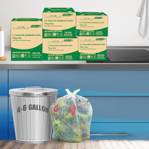 BEIDOU-PAC 4-6 Gallon Flap Tie Compostable Trash Bags, 76 Count, Kitchen Compost Bags, Sturdy Garbage Bags for Food Scrap Waste, ASTM D6400, US BPI Certified - style: Flat ties | 4-6 Gallon | 76 Count