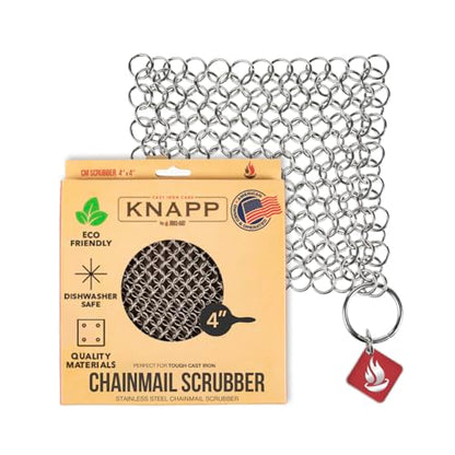 Knapp Made CM Scrubber 4" x 4" Small Ring Chainmail Cast Iron Scrubber, Premium Stainless Steel Mesh Cleaner for Pre-Seasoned Pans, Dutch Ovens, Grills and Skillets - size: 4"x4"