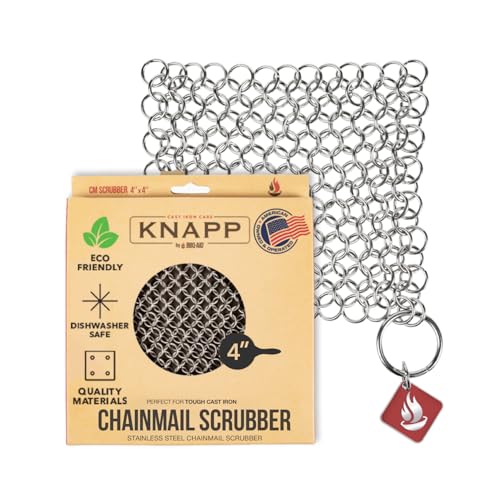 Knapp Made CM Scrubber 4" x 4" Small Ring Chainmail Cast Iron Scrubber, Premium Stainless Steel Mesh Cleaner for Pre-Seasoned Pans, Dutch Ovens, Grills and Skillets - size: 4"x4"