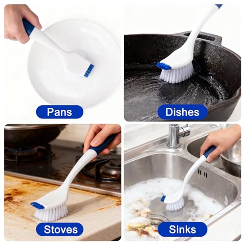 ITTAR Kitchen Dish Brush with Long Non-Slip Handle, 2-in-1 Kitchen Scraper & Brush, Heavy-Duty Non-Scratch Scrub Brush for Sink, Pots, Pans, Burnt Food Grease Stove Sink Cleaning-White & Blue