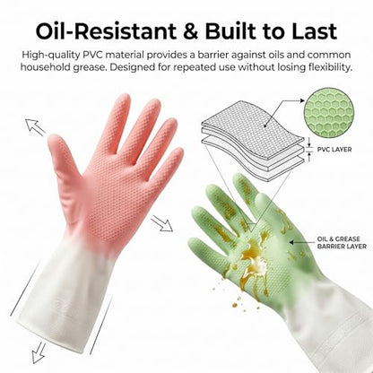 Cleaning Gloves 2 Pairs, Medium Reusable Dishwashing Gloves Honeycomb Non-Slip Grip, Waterproof Long Cuff Household Gloves for Kitchen Dishes Bathroom Laundry Pet Bath, Mint Green & Pink for Women