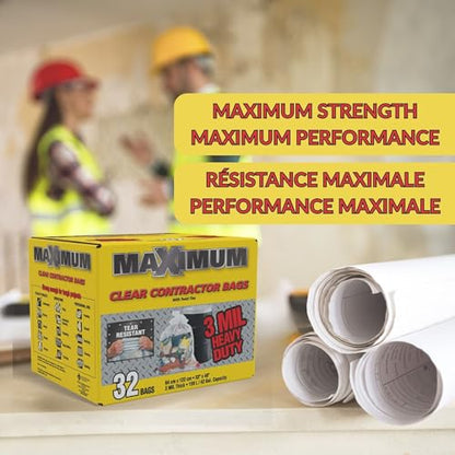 Maximum Heavy Duty Garbage Bags, 42-Gallon, 3 Mil, Clear Garbage Bags Extra Large, Tear Resistant, Industrial Strength, 32 Counts - color: Clear