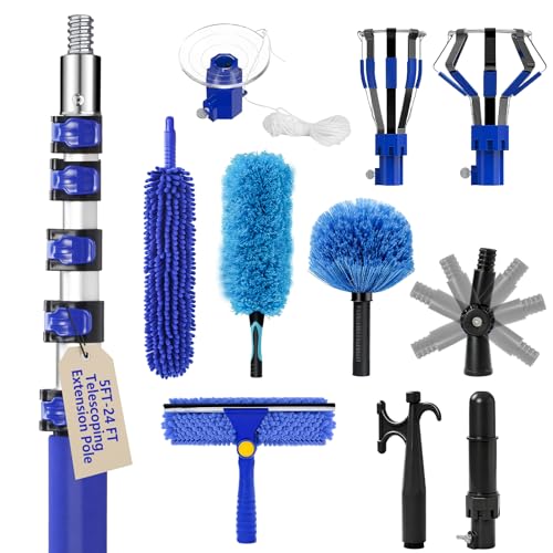 30FT Light Bulb Changer for High Ceilings with 5-24FT Heavy Duty Extension Pole,High Ceiling Fan Duster Extendable Reusable Cobweb,Feather,Window Cleaning Squeegee Kit for Home & House,Interior Roof - color: Blue, size: 24 feet