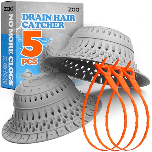 zaa 5 Pcs Bathtub & Shower Drain Hair Catcher, 2 Pack Silicone Collapsible Drain Protector and Drain Cover with 3 Snake Drain Clog Removers, for Pop-Up and Regular Drains of Tub, Shower, Bathroom - color: Gray Red