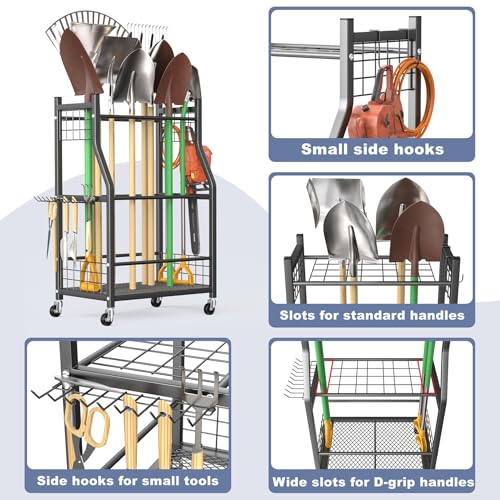 WALMANN Garden Tool Organizer with Wheels for Garage, Rakes/Shovels/Yard Tools Storage Stand for Garden, Shed, Indoor/Outdoor Long-Handled Tools Rolling Cart - style: Medium-stand