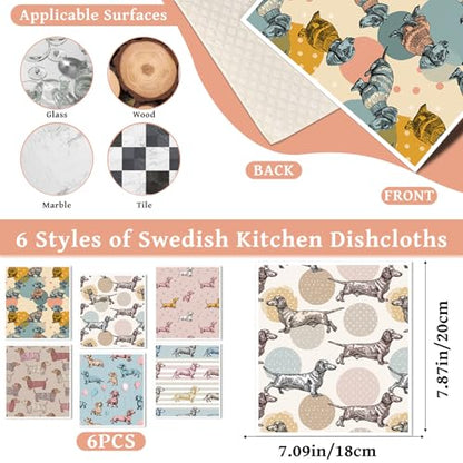 Reusable Swedish Dishcloths for Kitchen, 6 Pack Cute Dachshund Gifts Dish Cloths, Absorbent Dog Pattern Cellulose Cleaning Towels Wipes for Cooking Home Decor Housewarming Gift - style: Dachshund