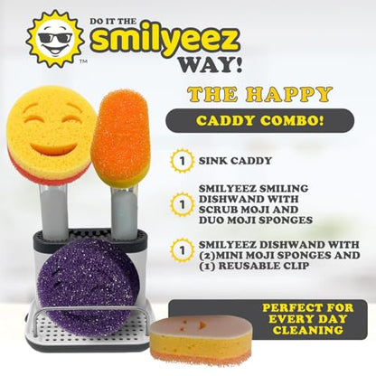 Smilyeez Caddy Combo, Sink Caddy, Smiling Handle, 2 Scrub Moji Sponges, Dishwand with 2 Mini Moji Sponges (Light Blue) - style: Light Blue - Mini Moji