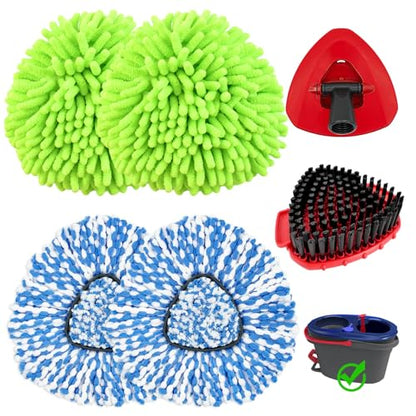 2 Microfiber Mop Head Refills and 2 Chenille Mop Pads,1 Upgrade Scrub Brush 1 Spin Mop Base for O Cedar RinseClean 2 Tank Spin Mop System,Spin Microfiber Mop Refills for Cleaning All Floors - color: 2blue+2green+2red