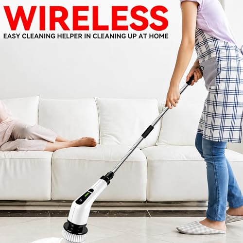 7-in-1 Electric Spin Scrubber with Long Handle, Cordless Power Scrubber with 2 Speeds & 7 Replaceable Brush Heads for Bathroom, Shower, Bathtub, Tile, Floor, Glass & Car Cleaning.