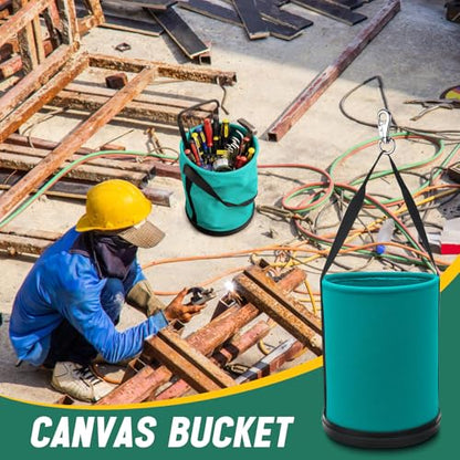 2 Pack Canvas Bucket 15" x 12" Heavy Duty Lineman Tool Bag with Plastic Bottom & Metal Hook Electrician Tool Organizer for Jobsite Use, Load Rated up to 150 Pounds (Turquoise) - color: Turquoise