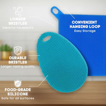 Silicone Dish Sponge Dish Scrubber (Oval and Square) - Dual-Sided, Food Grade Silicone Sponges for Dishes and Housecleaning 2-Pack - color: 2 Pack Teal + Blue
