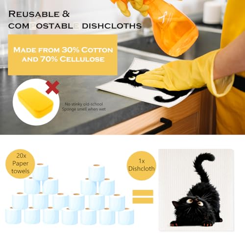 2 Pcs Adorable Cat Swedish Dishcloths, Swedish Dishcloths for Kitchen Home, Super Absorbent Cellulose Sponge Cloths Cleaning Towels, Reusable Paper Towels Cat Lover Gifts 2 - color: Lm 861