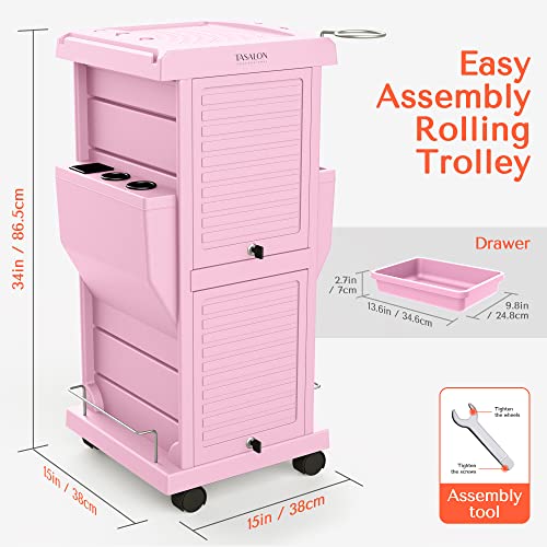 TASALON Professional Salon Trolley Cart, Lockable 6 Trays & 2 Holders, Space Saving Mobile Storage for Hair Salon and Beauty Station - Pink - color: Pink