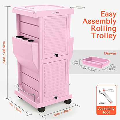 TASALON Professional Salon Trolley Cart, Lockable 6 Trays & 2 Holders, Space Saving Mobile Storage for Hair Salon and Beauty Station - Pink - color: Pink