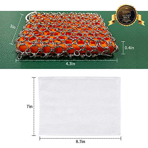 Most Flexible Cast Iron Scrubber, 316L Cast Iron Cleaner Chainmail Scrubber, Chain Scrubber for Cast Iron Pans, Pots, Skillets, Chain Mail Scrubbing Pad Scrub for Cast-Iron, Cast Iron Cleaning - color: Orange