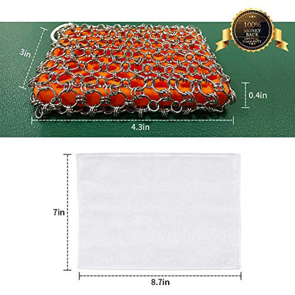 Most Flexible Cast Iron Scrubber, 316L Cast Iron Cleaner Chainmail Scrubber, Chain Scrubber for Cast Iron Pans, Pots, Skillets, Chain Mail Scrubbing Pad Scrub for Cast-Iron, Cast Iron Cleaning - color: Orange