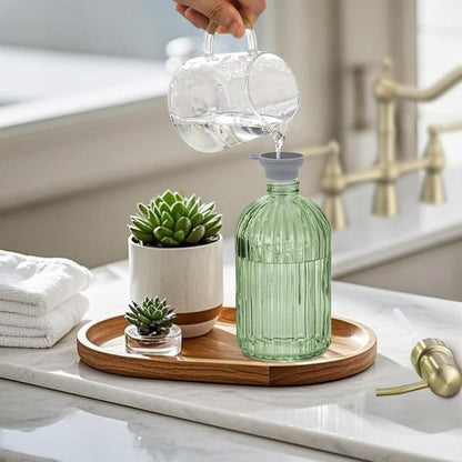 16Oz Green Glass Soap Dispenser with Rust Proof Stainless Steel Pump, Green Stripe Bathroom Hand Dish Lotion Dispensers with Brushed Gold Pump,Brushed Gold Glass Soap Dispenser,2 Packs - color: Brushed Gold + Green, size: 2-Pack
