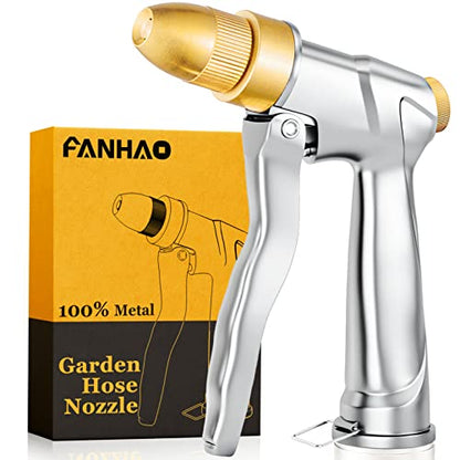 FANHAO Garden Hose Nozzle with Brass Tip, 100% Heavy Duty Metal Spray Nozzle High Pressure Water Nozzle with Adjustable Spray Patterns for Watering Plants, Washing Cars and Showering Pets - color: Silver