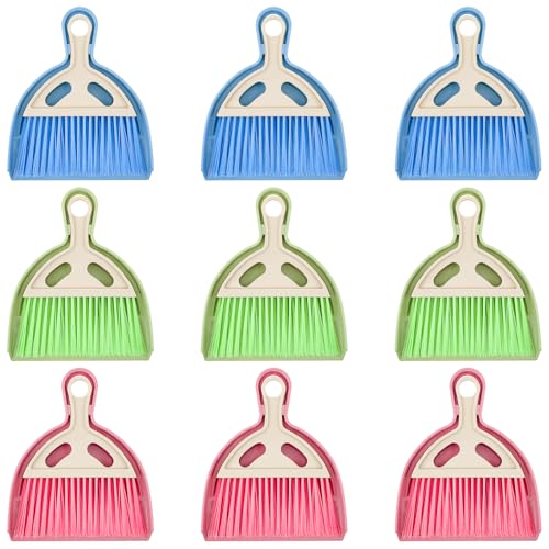 9 Pcs Small Dustpan and Brush Set Mini Broom and Dustpan Set with Handle Nesting Portable Cleaning Tools for Home Office Car Keyboard Countertop and Pet Nest (Blue Red Green)