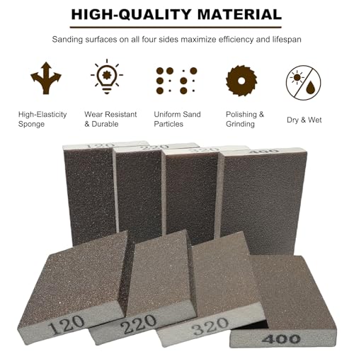 8 Pack Hand Sanding Sponge Set -120 220 320 400 Grit- Coarse Medium Fine Grit Sanding Block, Sander Sponges for Wood-Working Drywall Metal, Washable and Reusable Sponge for Rust Removal Polishing - size: 8 Pack