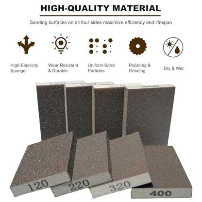 8 Pack Hand Sanding Sponge Set -120 220 320 400 Grit- Coarse Medium Fine Grit Sanding Block, Sander Sponges for Wood-Working Drywall Metal, Washable and Reusable Sponge for Rust Removal Polishing - size: 8 Pack