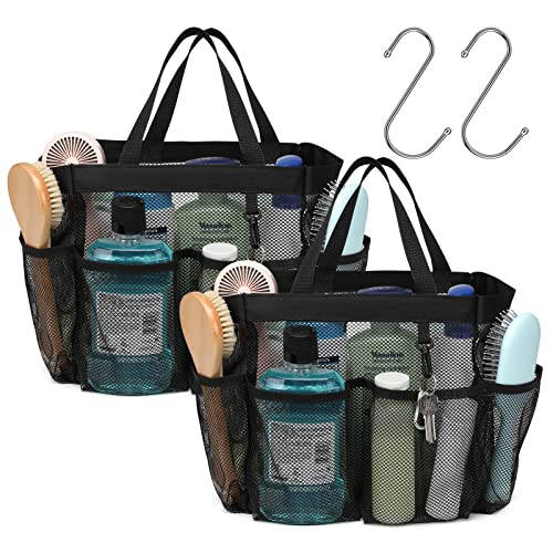 F-color Mesh Shower Caddy Portable, Upgrade Deeper 7 Pockets Shower Bag Basket Tote for College Dorm Room Bathroom Essentials Gym Camp Quick Dry 2 handles with S Hook, 2 Pack Black - color: 2 Pack L Black, size: L (Classic Dorm Caddy)
