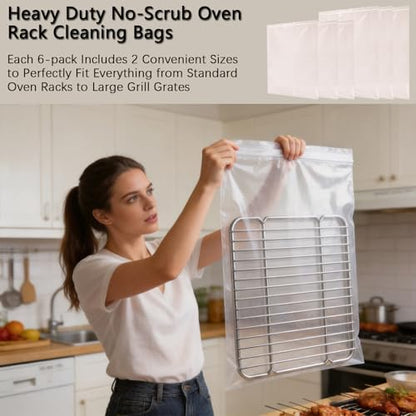 6-Pack Heavy Duty No-Scrub Oven Rack Cleaning Bags with Included Disposable Gloves, Reusable Leak-Resistant PE Soaking Bags for Grill Grates, BBQ & Removable Metal Racks - No Cleaner Included