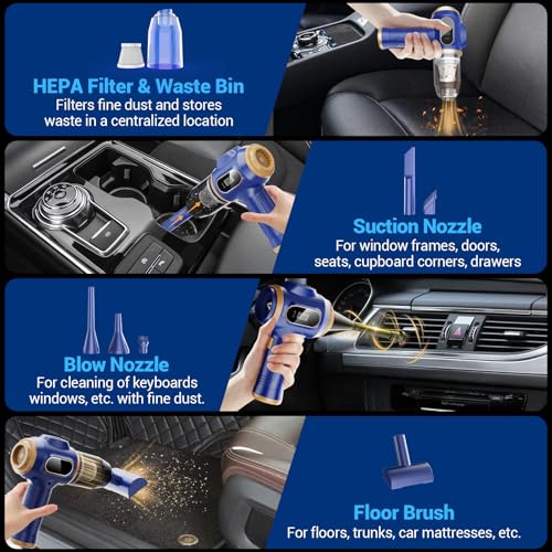 Car Vacuum Portable Cordless 17000Pa Cordless Mini Handheld Vacuums with LCD Display and Multi-Nozzles, High Power Wet and Dry for Car, Home, Office, Pet, Compact and Portable Design