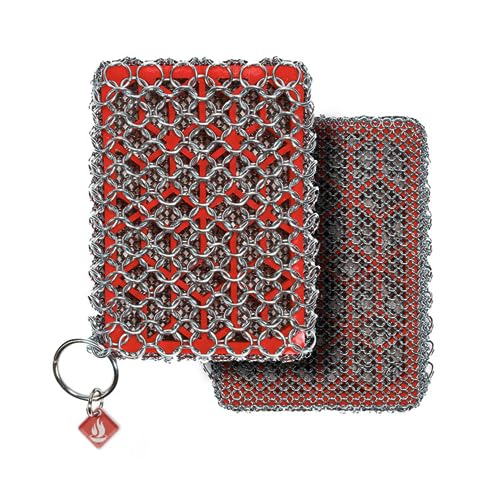 Knapp Made Premium Cast Iron Cleaner, 2-in-1 Combo Chainmail Scrubber with Silicone Core, Heavy Duty & Fine Mesh Rings for Cookware, Skillets and Pots, Premium Cast Iron Cleaner – Red - color: Dry Rub Red