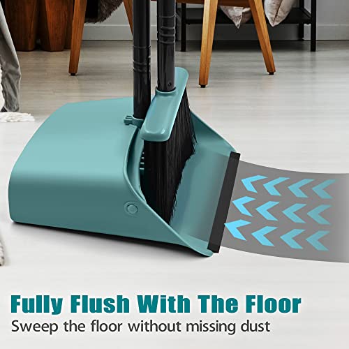 JEHONN Broom with Dustpan Combo Set, Long Handle Lightweight Indoor Broom Set, Upright Standing Dust Pan with Comb Teeth Store Sweep Set for Home Room Kitchen Office Lobby (Grey-Green) - color: Grey-green