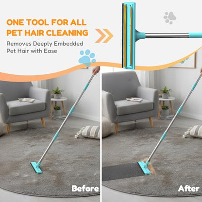 3-in-1 Carpet Rake for Pet Hair Removal, Upgraded Rug Scraper with 61" Thickened Handle & 10" Handheld Grip, Dual-Metal Edge Dog Hair Remover for Carpet, Couch, Furniture & Car