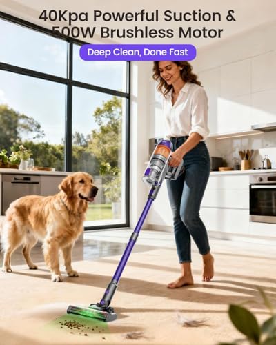 Cordless Vacuum Cleaner, 500W 40KPa 60Mins Vacuum Cleaners for Home, Powerful Stick Vacuum With Green Light, Anti-tangle Wireless Vacumm, Rechargeable Vacuum for Pet Hair/Carpet/Hardwood Floor, Purple