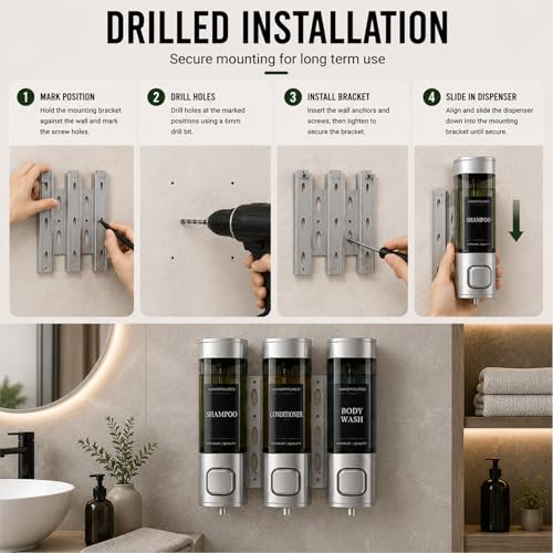 Shampoo and Conditioner Dispenser, Shower Soap Dispenser Wall Mounted, Shower Dispenser 3 Chamber No Drill for Bathroom Large Capacity (Silver) - color: Sliver