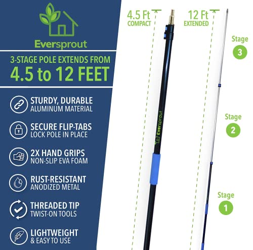 EVERSPROUT 5-to-12 Foot Cobweb Duster and Extension-Pole Combo (20 Foot Reach, Soft Bristles) | Hand Packaged | Lightweight, 3-Stage Aluminum Pole | Indoor & Outdoor Use Brush Attachment