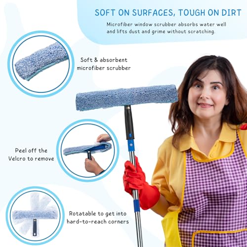 Window Squeegee with Scrubber for Home and Outdoor Glasses Cleaning, 6 Ft Long Handle 2 in 1 Professional Window Washing Kit with Replacement Rubber Blade, Car Windshield Cleaner Tool