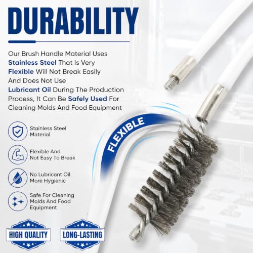 50 Inch Pipe Cleaning Brush Set with Stainless Steel Bristles, Wire Brush with 4 Flexible Rods and Hexagonal Connecting Rod, Stainless Steel Pipe Brush Set (3/5, 1, 1 3/5, 2 in Brush Heads)