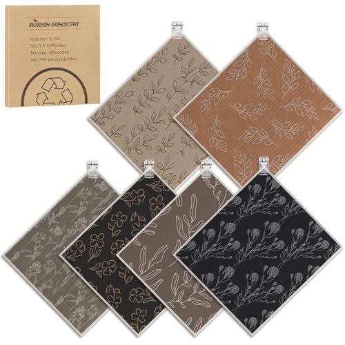 Needbrock 6 Pack Swedish Dishcloths for Kitchen,Swedish Rags Dish Towels with Clips, Reusable Paper Towels Washable Absorbent Cellulose Sponge Cloths No Odor for Cleaning HHome Kitchen Gifts for Host - color: Black-brown Pattern