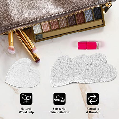 60-Count Kickleen Compressed Cellulose Heart Shape Facial Sponges | 100% Natural Cosmetic Spa Sponges for Facial Cleansing | Exfoliating | Makeup and Mask Removal | Reusable |Skin Massage (White) - color: White