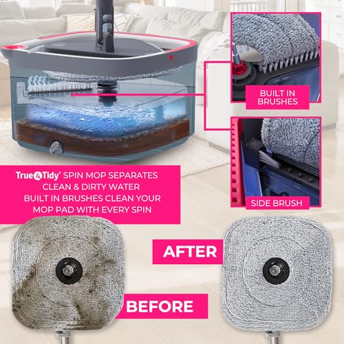 True & Tidy True Clean Spin Mop & Bucket System – Dual Compartment Design for Clean & Dirty Water, 360° Swivel Mop Head, Built-in Scrubbing Brush, Stainless Steel Handle & 2 Reusable Microfiber Pads - size: Spin Mop Deluxe
